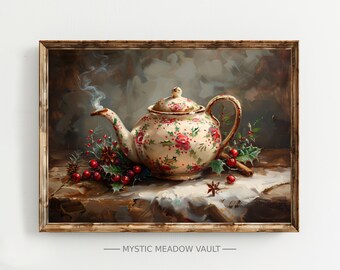 Art fantaisiste de théière de vacances | impression de Noël vintage | Décoration de thé festive | Peinture nostalgique de théière