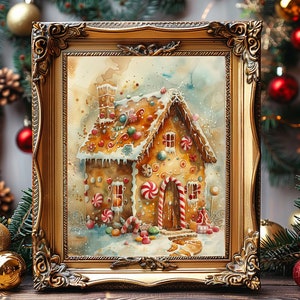 May include: A framed watercolour painting of a gingerbread house decorated with candy and icing. The house is surrounded by snow and candy canes. The frame is gold and ornate.