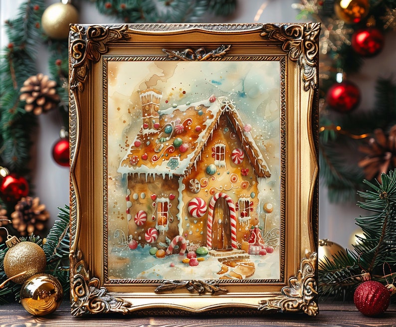 May include: A framed watercolour painting of a gingerbread house decorated with candy and icing. The house is surrounded by snow and candy canes. The frame is gold and ornate.