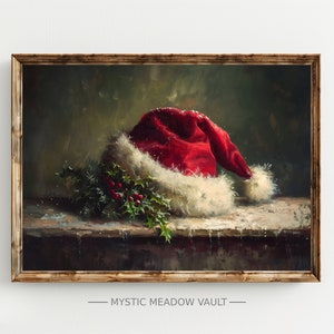 Santa's Hat Art | Vintage Holiday Print | Nostalgic Winter Decor | Vintage Xmas | Santa Hat Painting | Christmas Cheer Festive Artwork