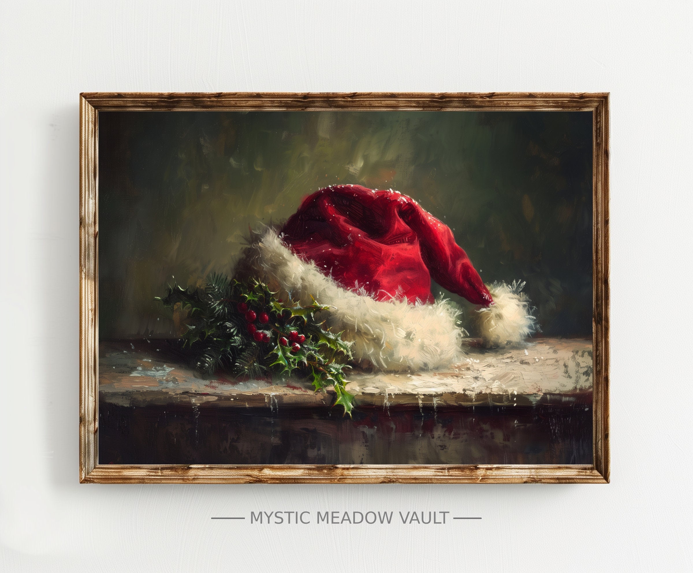 Santa's Hat Art | Vintage Holiday Print | Nostalgic Winter Decor | Vintage Xmas | Santa Hat Painting | Christmas Cheer Festive Artwork