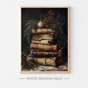 Classic Holiday Books Still Life Art | Vintage Christmas Print | Festive Book Scene | Nostalgic Christmas Painting | Book Stack Decor