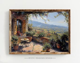 Terraza de la villa toscana: escena iluminada por el sol con geranios, buganvillas, limoneros y vistas panorámicas a los viñedos