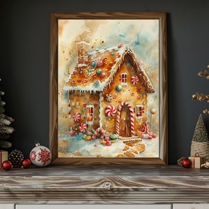 May include: A watercolour painting of a gingerbread house decorated with candy canes, gumdrops, and other sweets. The house is surrounded by snow and a few candy canes are on the ground.