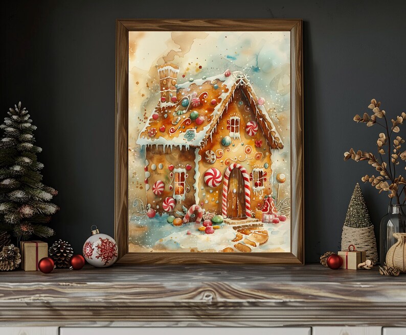 May include: A watercolour painting of a gingerbread house decorated with candy canes, gumdrops, and other sweets. The house is surrounded by snow and a few candy canes are on the ground.