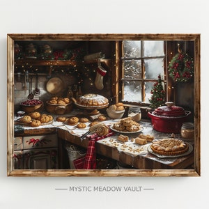 May include: A cosy kitchen scene with a rustic wooden table covered in freshly baked Christmas treats. There are various pastries, cookies, and a cake, all dusted with powdered sugar. A red cast iron pot sits on the table, and a window with snow-covered trees is visible in the background.