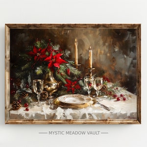 May include: A painting of a Christmas table setting with a white tablecloth, a gold charger plate, a white dinner plate, two wine glasses, a silver candlestick with two lit candles, and a vase with red poinsettias and pine branches.