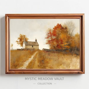 Autumn Church Art | Farmhouse Wall Decorative Print | Fall Harvest Season Printable Decor | 1800s Downloadable Art | Antique Printable