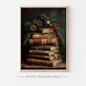 Holiday Books Still Life Art Print | Vintage Christmas Painting | Nostalgic Decor | Classic Book Stack Scene | Perfect Gift Idea