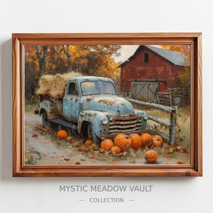 Peut inclure: Un camion vintage bleu avec une benne pleine de foin se trouve devant une grange rouge. Le camion est entouré d'un tas de citrouilles orange.
