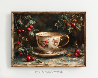 Festive Holiday Teacup Print | Vintage Christmas Art | Nostalgic Winter Decor | Classic Teacup Painting