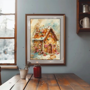 May include: A watercolour painting of a gingerbread house decorated with candy canes, gumdrops, and other sweets. The house is surrounded by snow and a few trees.