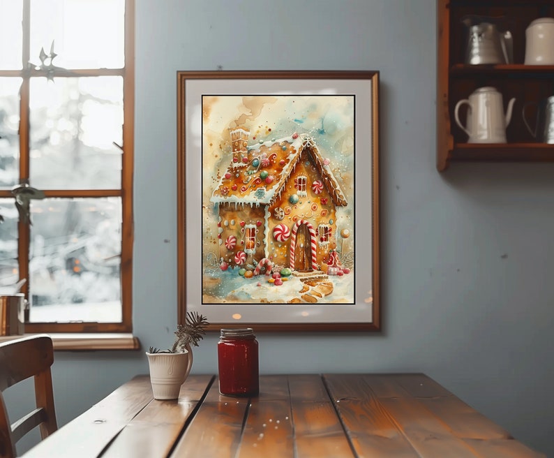 May include: A watercolour painting of a gingerbread house decorated with candy canes, gumdrops, and other sweets. The house is surrounded by snow and a few trees.