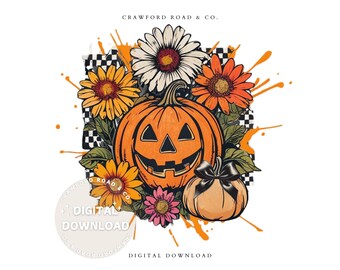 PNG SVG retro de Halloween: Jack-O'Lantern con margaritas (descarga digital)