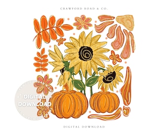 Boho Fall Sunflowers PNG & SVG: Autumn Pumpkin Design (Digital Download