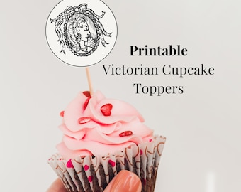 May include: Printable Victorian cupcake toppers featuring a black and white illustration of a woman's face in a circle. The cupcake topper is on a pink cupcake with red and white sprinkles.