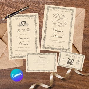 Editable Wedding Invitation Suite, Brown Vintage, Victorian, Bridgerton Wedding Invitation Set, Canva Editable Template