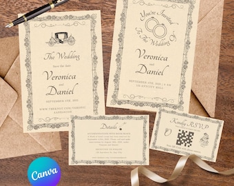 Victorian Wedding Invitation Set, Brown Vintage, Editable Canva Template (PDF)