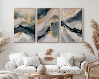 Abstract Blue Gold Wall Art Set of 3 Abstract Digital Print Gold Blue Home Decor Downloadable Prints