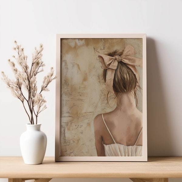 Bow Wall Art Vintage Painting For Girls Room Decor Neutral Digital Print Downloadable Girl With Bow In Hair Antique Art Print