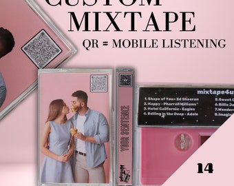 Custom Mixtape - Mobile Listening Cassette Tape to Listen on Mobile with Personalized Cover and QR Code - 14 songs