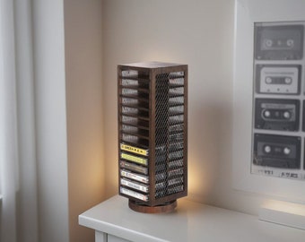 360-Degree Rotating Cassette Tape Storage Rack Tower - Rustic Burnt Wood & Metal Wire Mesh Organizer with 28 Slots