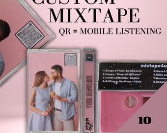 Mixtape personalizado - Cinta de casete de escucha móvil para escuchar en el móvil con portada personalizada y código QR - 10 canciones