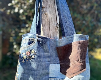 vintage mixed denim shoulder purse