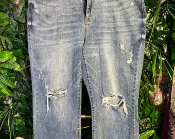 Judy Blue Distressed Wide Leg Cropped Medium Wash Jeans