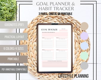 May include: A digital planner and habit tracker with a pink and white design. The planner is on a woven mat and has the text "GOAL TRACKER" and "LIFESTYLE PLANNING".