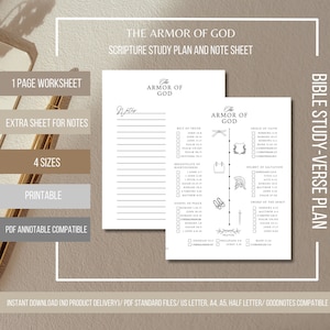 May include: Printable Bible study plan and note sheet with a black and white illustration of the Armor of God. The sheet includes a list of Bible verses for each piece of armor: Belt of Truth, Breastplate of Righteousness, Helmet of Salvation, Sword of the Spirit, and Shield of Faith. The sheet also includes a section for notes.