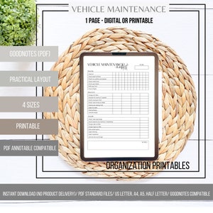 May include: A printable vehicle maintenance checklist in a digital format. The checklist is on a tablet screen and is surrounded by a woven wicker surface. The checklist includes a variety of maintenance tasks, such as checking fluids, changing oil, and rotating tires. The checklist is organized by month and includes a section for notes.