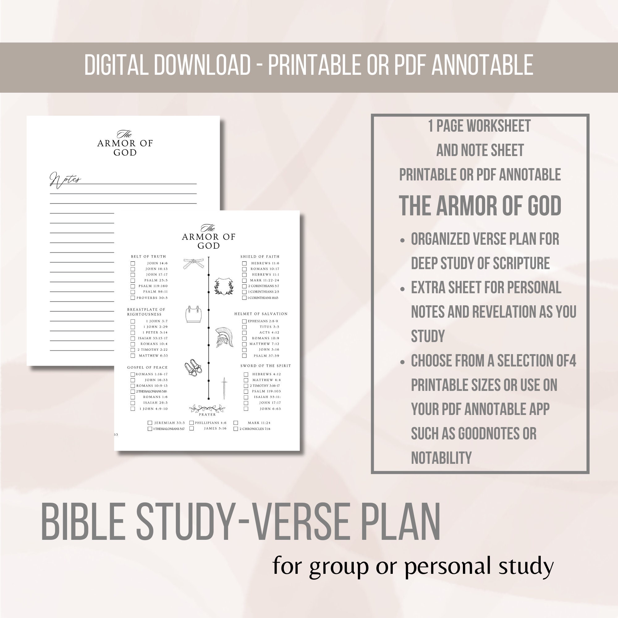 Armor of God Bible Study Verse Plan: Printable Worksheet (PDF Annotable ...