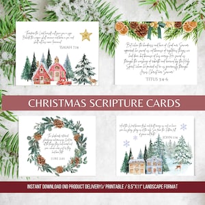 May include: Set of four Christmas scripture cards with watercolor illustrations. Each card features a different Bible verse and festive imagery, including winter scenes, wreaths, and a star. The cards are 8.5" x 11" landscape format.