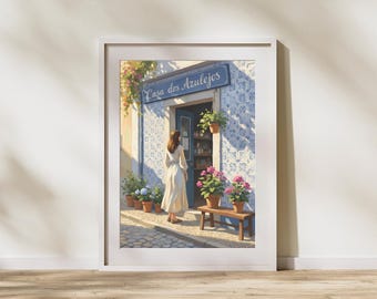Lisbon Street Scene Art Print | Portuguese Tile Shop, Cottagecore (Digital Download)