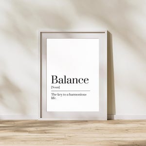 Arte murale minimalista tipografica – Stampa di definizione dell&#39;equilibrio, decorazione motivazionale in bianco e nero