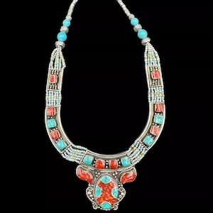 Tibetan Turquoise & Coral Stone Silver Plated Necklace