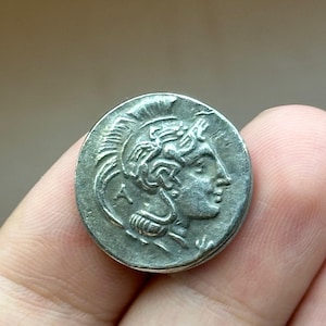 Very Old Ancient Greek Silver Coated Coin With Athena And Lion Image