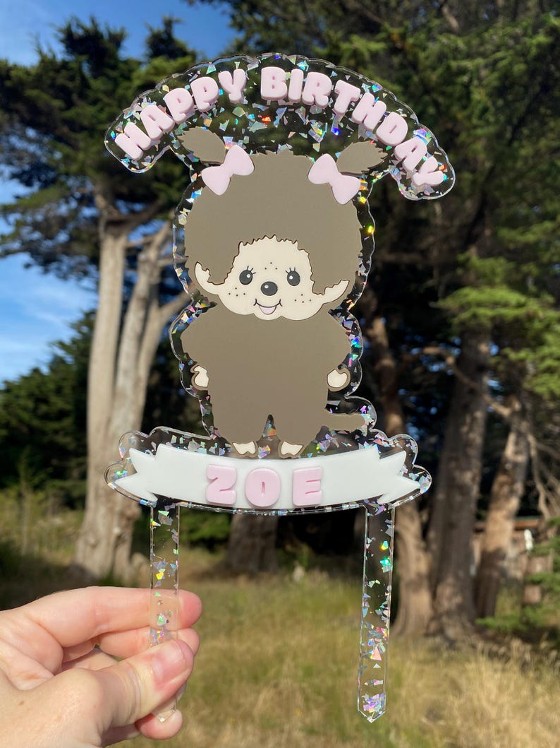 Custom Monchhichi Cake Topper - Personalized Birthday Decoration | Dual-Layer High-Quality Acrylic | Cute Monkey Party Supplies image 5