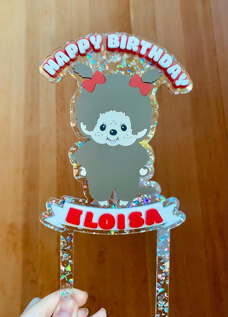 Custom Monchhichi Cake Topper - Personalized Birthday Decoration | Dual-Layer High-Quality Acrylic | Cute Monkey Party Supplies image 4