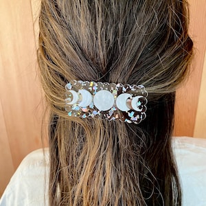 Moon Phases Hair Barrette= Dual Layer Acrylic Clip with Iridescent Background and Marbled Moons | Celestial Hair Accessories | Gift for her