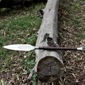 May include: A spear with a polished, silver-colored blade and a dark brown wooden handle. The handle is wrapped with a textured, dark brown material. The spear is resting on a large, weathered log in a natural outdoor setting.