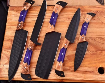 Hand Forged Damascus Steel Chef Knife Set, Kitchen Knives | Chef Knives Set, Handmade 5 Pcs Luxury Damasuc Knife Gift for him, Gifts for her