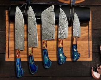 CUSTOM HANDMADE DAMASCUS Chef Knives Set of 5 Pcs, Damascus Chef knife, Damascus Kitchen Knives, Christmas Gifts, Unique Gift For Him
