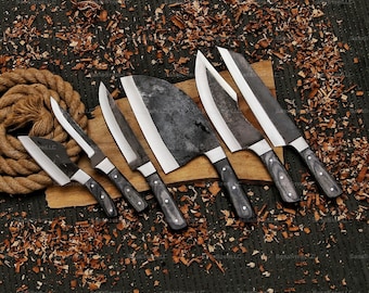 6 Pcs SERBIAN Hand Forged Carbon Steel Chef Knife Set, Steel Knife Set, BBQ K nife Set, Gift For Husband, Kitchen Knife Set, Gift For Him