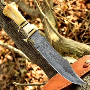 May include: A Damascus steel hunting knife with a bone handle and brass accents. The blade has a distinctive pattern, and the knife rests on a tree branch with a leather sheath visible.
