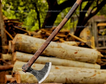 May include: A black and brown axe with a wooden handle and leather wrappings. The axe is resting on a tree stump with a pile of logs in the background.