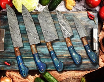 CUSTOM HANDMADE DAMASCUS Chef Knives Set of 5 Pcs, Damascus Chef knife, Damascus Kitchen Knives, Christmas Gifts, Unique Gift For Him