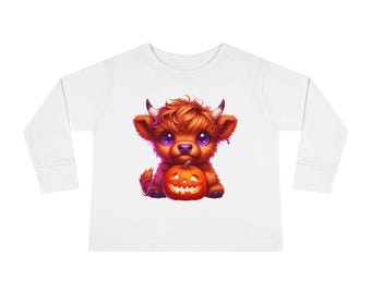 Cute Pumpkin Toddler Long-Sleeve Tee, Halloween Shirt, Fall Apparel, Kids' Gift Idea, Toddler Costume, Baby Animal Design (Highland Coo)