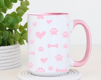 Love Dogs Pink Paw Print, Hearts, and Bones 11oz and 15oz wraparound mugs
